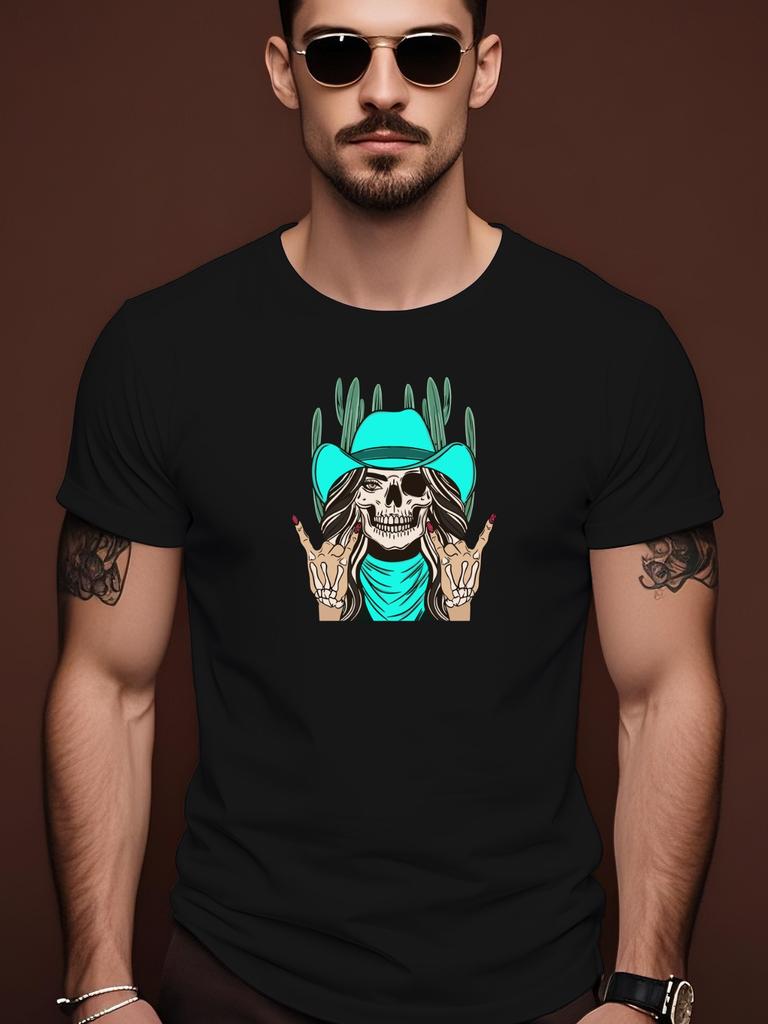 Short Sleeve Graphic Tshirt - Edgy Skull Cowboy Print