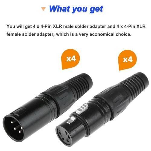 Xiatiaosann 4-Pin XLR Female Plug Connector & 4-Pin XLR Male Plug Connector, 4-Pin XLR Male Female Plug Audio Microphone Mic Connector for Speakers, M