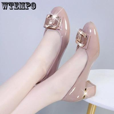 Однотонные туфли-лодочки большого размера с острым носком из ПУ, женские повседневные универсальные туфли на среднем толстом каблуке с нескользящей подошвой