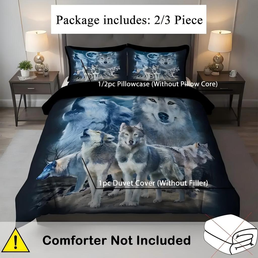 Moonlight Night Wolf 3D Print Quilt Cover Cartoon Wolf Duvet Comforter Polyester Soft Comfortable Night Sky Bedding Sheets Sets