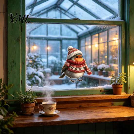 Holiday Gift for Friends Christmas Window Static Sticker, Decorative Reusable Redbreast Decal, PVC Festive Home Decorations Cling Glass Doors