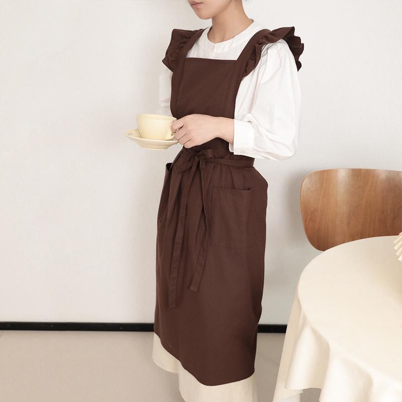 Ruffled Shoulder Strap Apron - Breathable Cotton Linen, Water Repellent for Household Chores & Baking