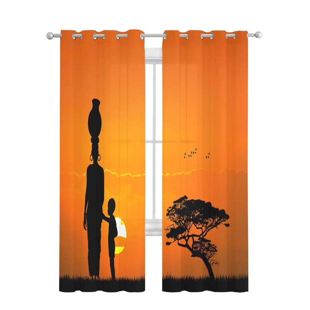 Sunset African Woman Child Tree Silhouettes Tulle Sheer Curtains for Living Room Bedroom Window Curtain Voile Organza Drapes