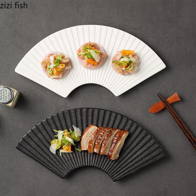 Керамическая обеденная тарелка для ресторана, креативная веерообразная полосатая тарелка для суши, десертная тарелка, тарелки для закусок, однотонная столовая посуда