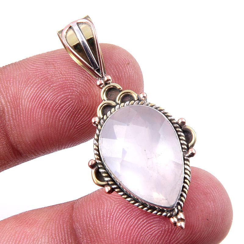 Natural Rose Quartz 925 Solid Sterling Silver Jewelry TwoTone Pendant 1.50" H9E23