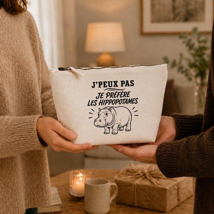 Trousse de toilette - PLANETEE - J’peux pas je préfère les Hippopotames - Beige - 100% coton - 3 L