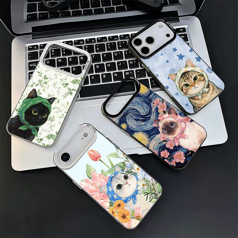 Милый Цветочный Платок Кот Ударопрочный Чехол для Телефона для iPhone 17 Air 16 16E 15 Pro Max 14 Plus 13 Mini 12 Задняя Крышка Противоударный F
