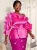 Women Plus Size Shiny Blouse Tops Slash Neck Long Puff Sleeves Ruffles Peplum Birthday Event Party Pullover Wedding Guest Curve Ladies African New