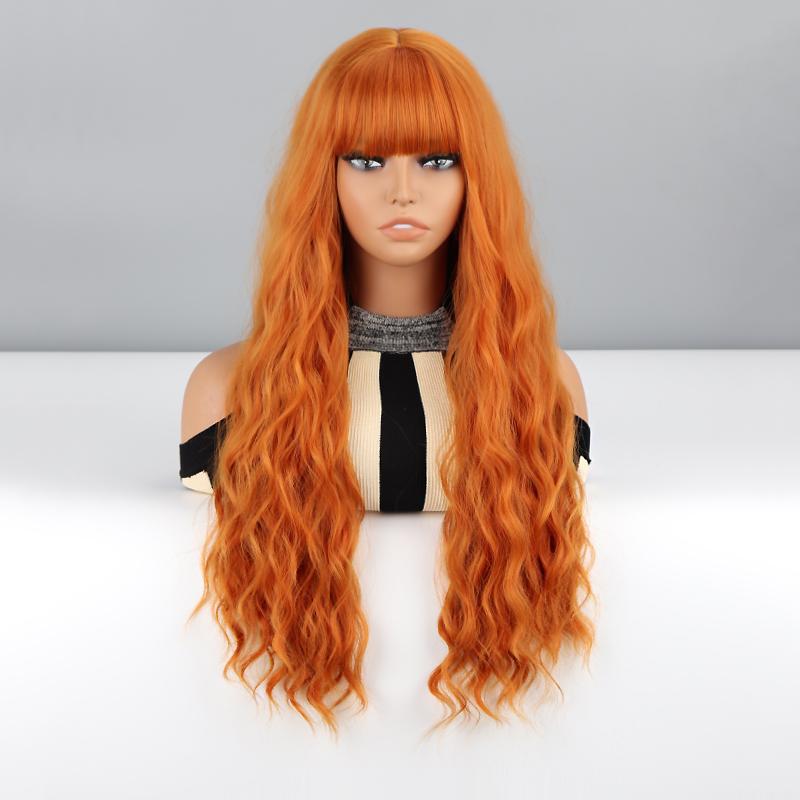 MISSQUEEN Женский длинный волнистый парик из оранжевых волос с челкой из синтетического волокна, повседневная одежда, косплей, натуральный глубокий волнистый парик, красочный парик
