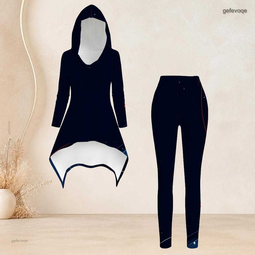 Women Plus Size Starry Printed Hooded Long Sleeve High Low Top Fitted Pants Two Piece Set