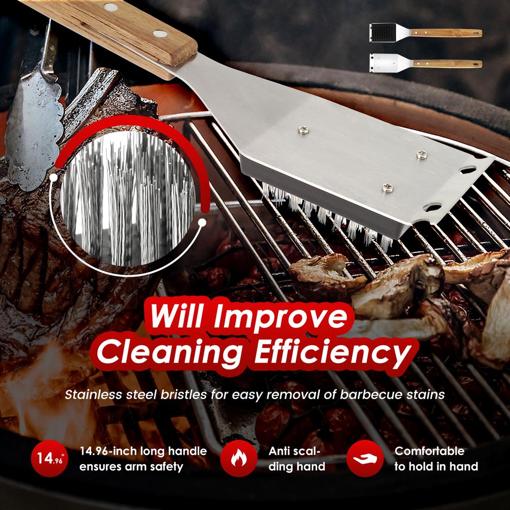 2 шт. Щетка для барбекю 15 дюймов Набор щеток для барбекю Эффективная уличная щетка для чистки гриля с деревянной ручкой и скребком для чистки гриля