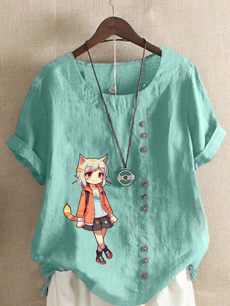 Women's Fashion Cute Girl Print Shot Sleeve T-shirt Loose Cotton Shirt Casual Loose Summer Blouse Tops Plus Size