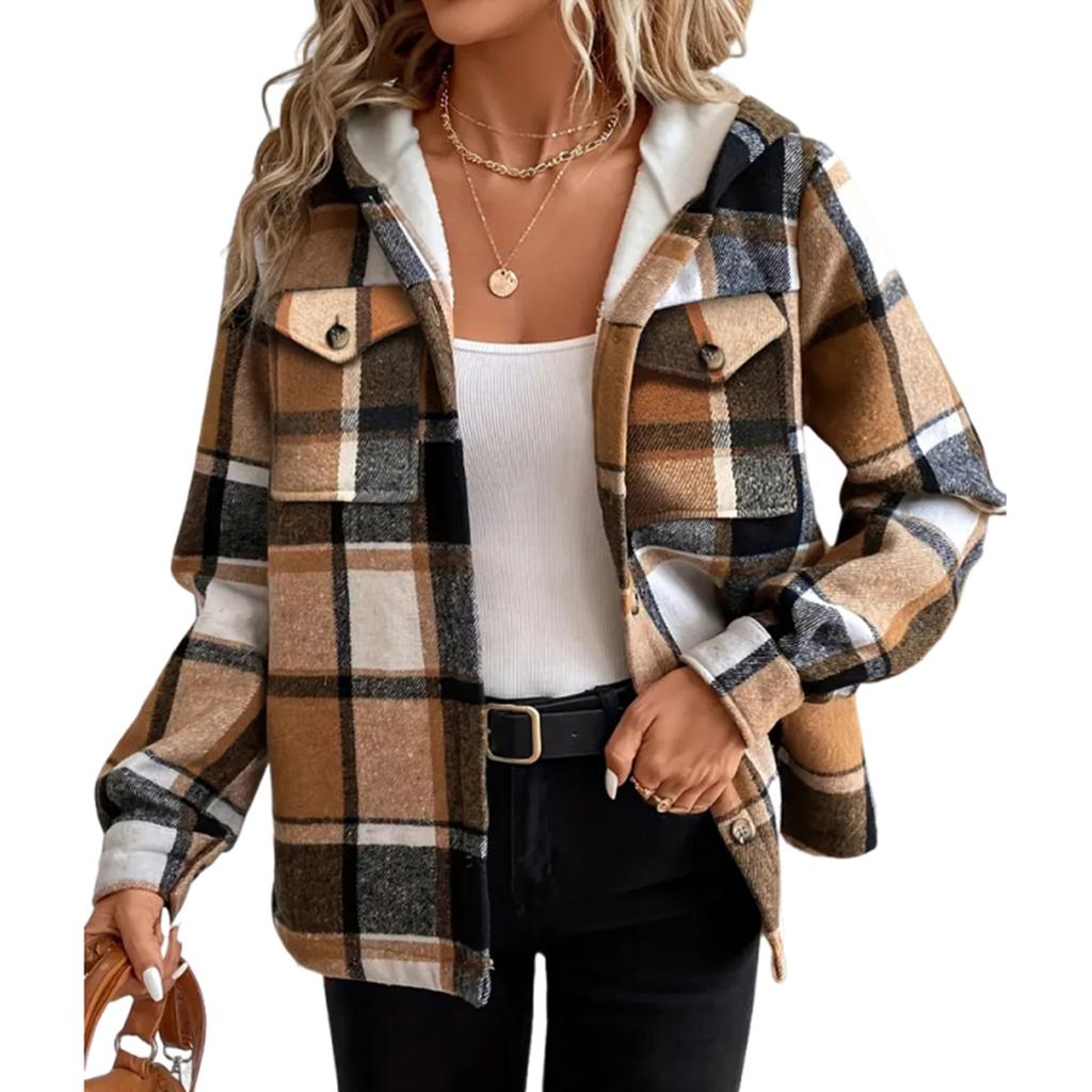 Women's Fashion Casual Loose-Fitting Long-Sleeved Plaid Print Hooded Jacket Baseball Jacket