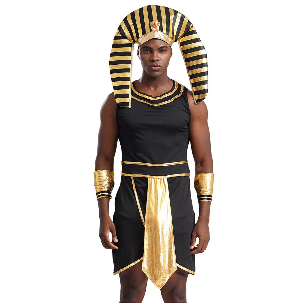 Mens Egyptian Pharaoh Costume Sleeveless Contrast Color Zipper Dress with Hat