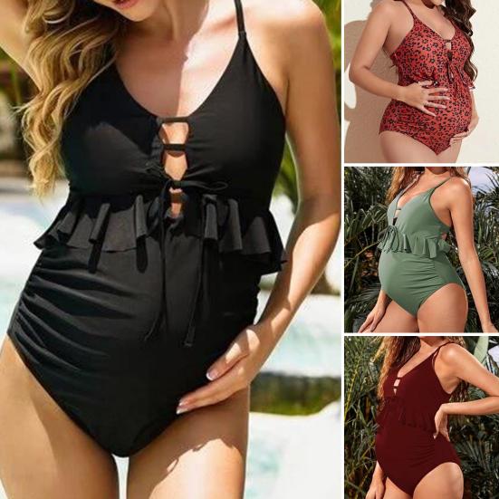Front Lace-up Side Ruched Adjustable Back Straps Maternity Monokini Sexy Ruffle