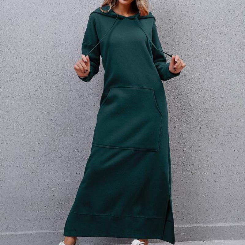 GMXIA Осенне-зимнее свободное трикотажное длинное платье большого размера с капюшоном, толстовка с подкладкой, повседневные модные платья, платья с большими карманами