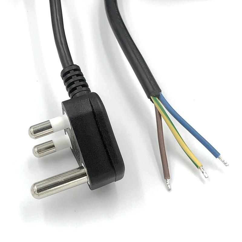 250V South African Power Cord with Three-Pin Plug, Stripped & Tinned Tail, Large/Small Size
