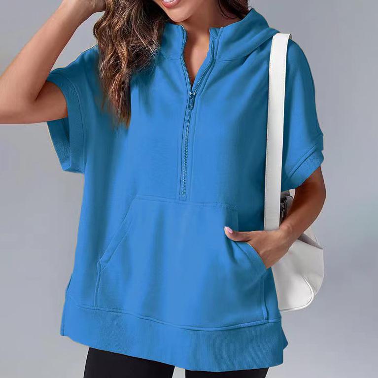 Весенняя женская однотонная модная повседневная толстовка с капюшоном и коротким рукавом