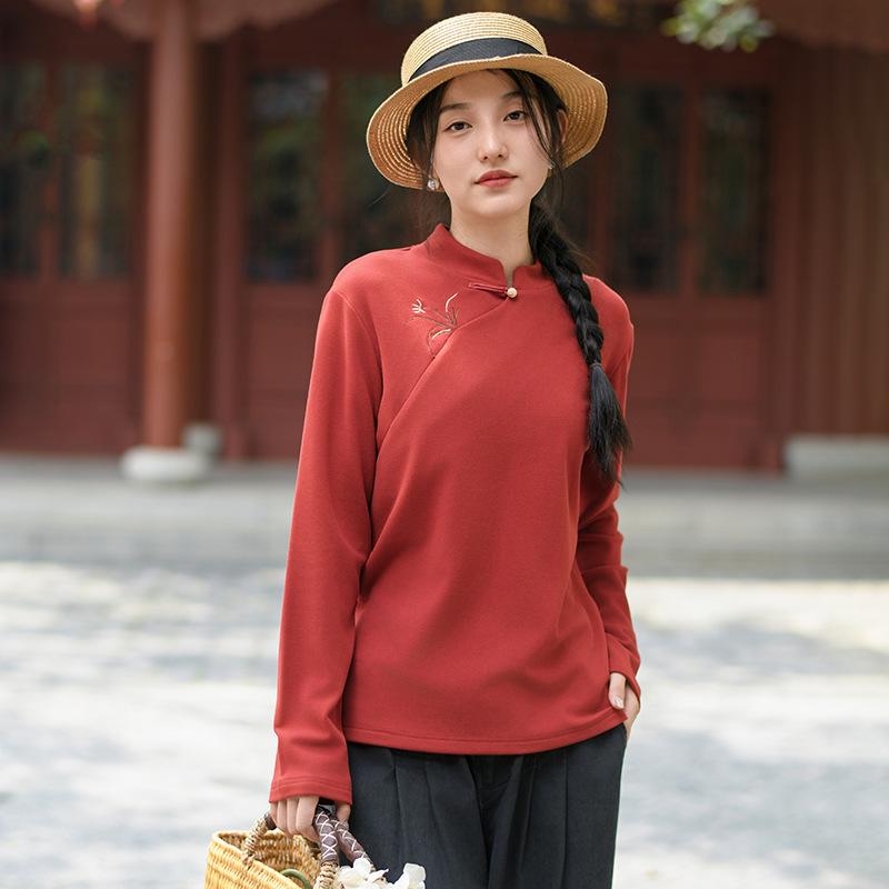 Johnature Женские рубашки-стойки в китайском стиле, теплые осенние топы, вышитые цветочные блузки, мягкая рубашка с длинным рукавом