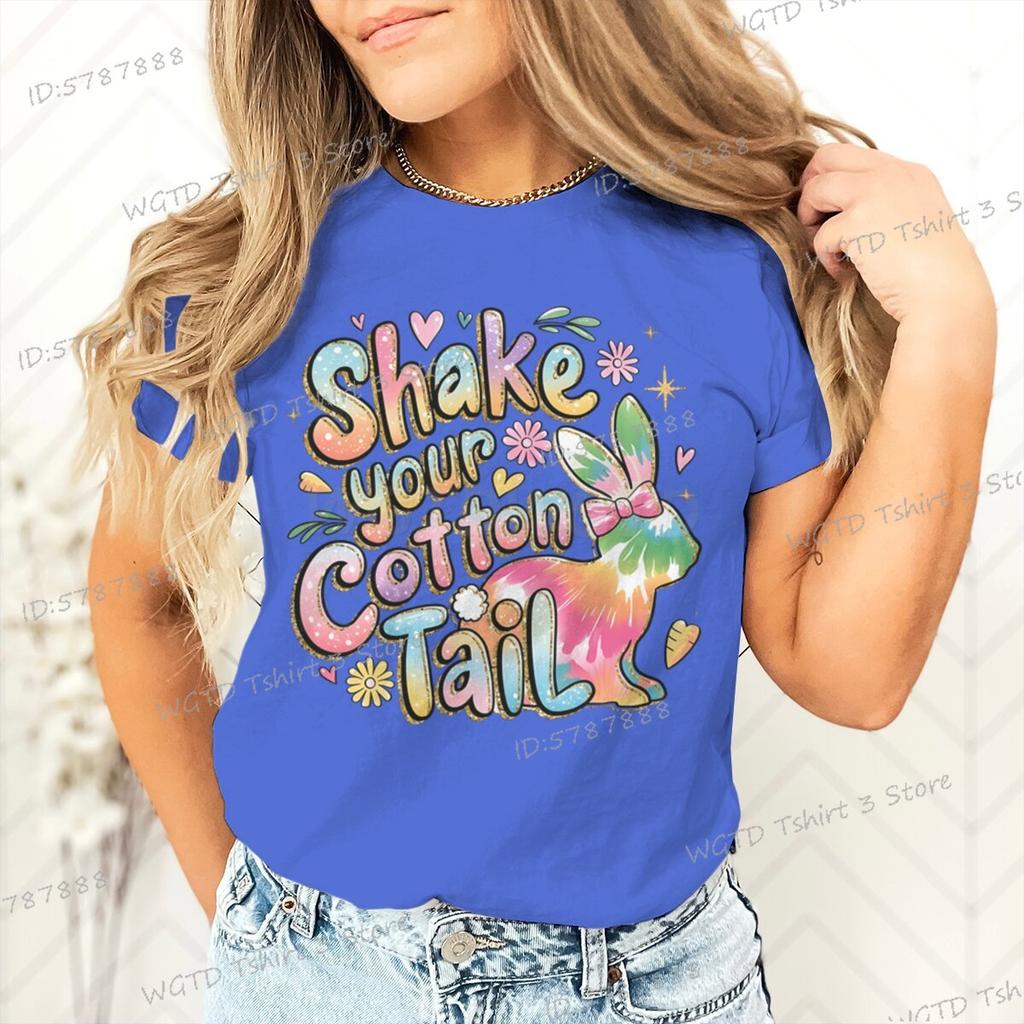 Shake Your Cotton Tail Graphic T Shirts Women Glitter Easter Bunny Short Sleeve Tshirt Happy Easter Gift Colorful Casual Tops