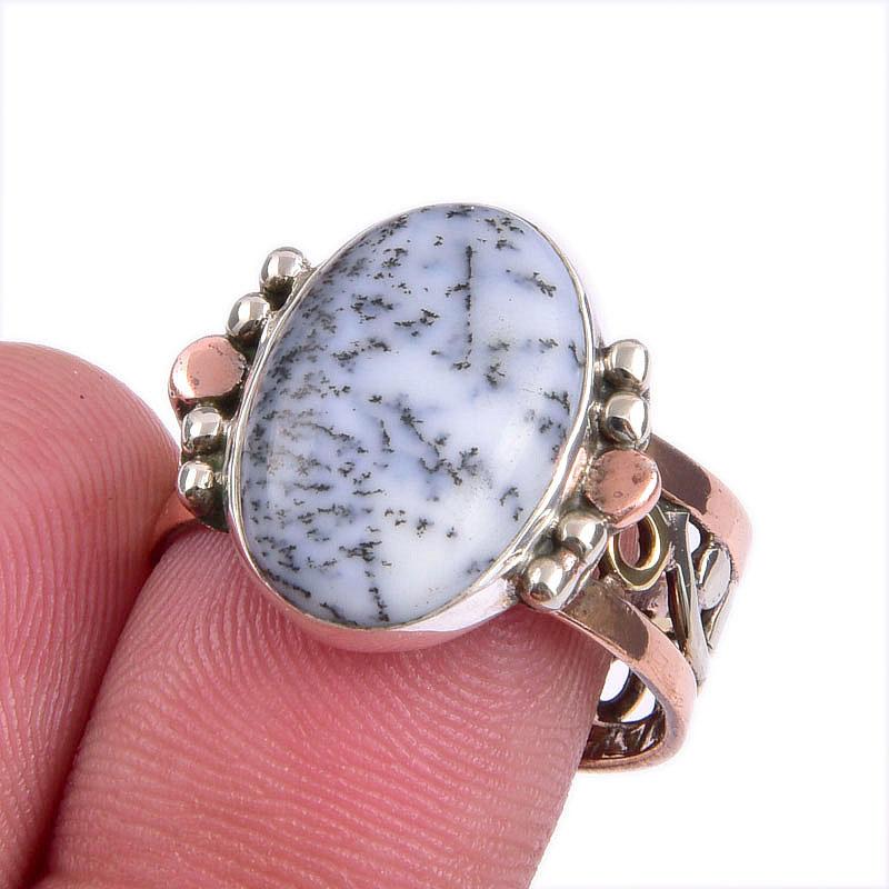 Natural Dendrite Opal Gemstone Two Tone 925 Sterling Silver Ring Size 8.5 D5U94