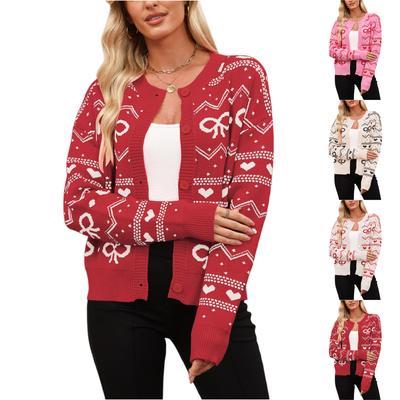 Женский модный свитер-жакет кэжуал с круглым вырезом, длинными рукавами и контрастными пуговицами в форме сердца