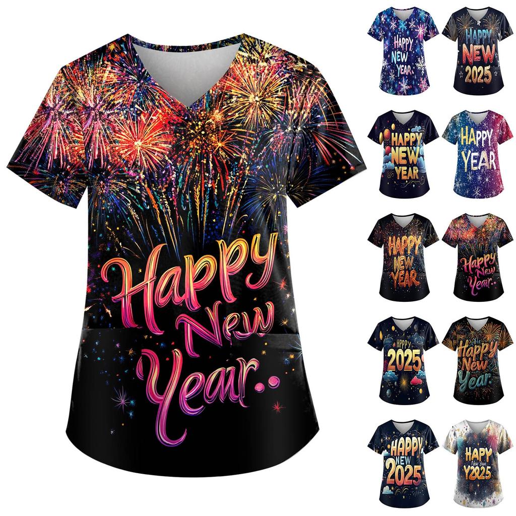 Женская модная новогодняя футболка с короткими рукавами, V-образным вырезом и маленьким карманом