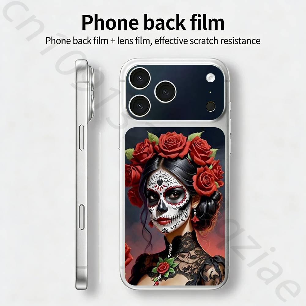 Мексиканский череп Катрины Для iPhone 17 pro Max /17 pro Полное покрытие Наклейка Кожаная Обмотка 3D Цветная Задняя Защитная Пленка-Наклейка