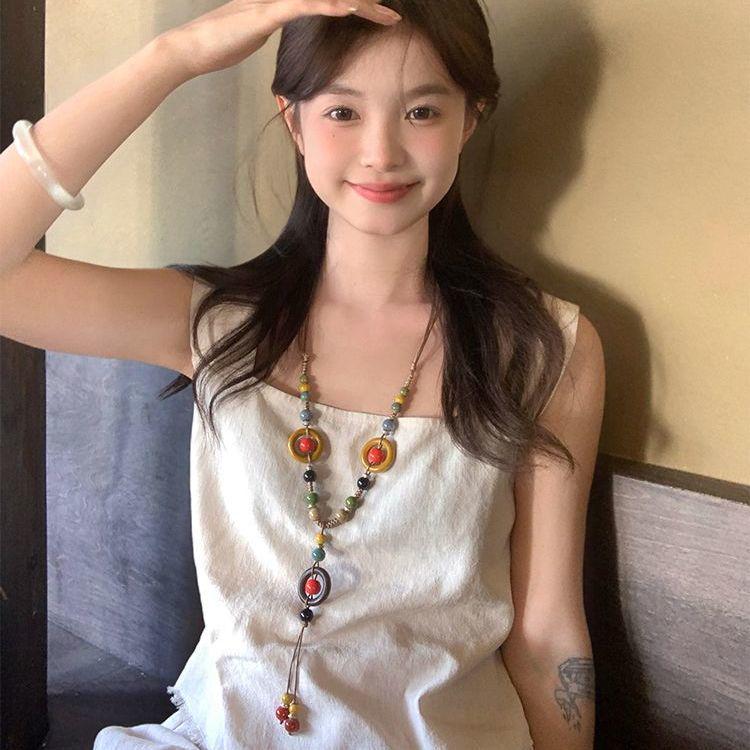 Винтажное богемное этническое ожерелье с подвеской из керамических бусин