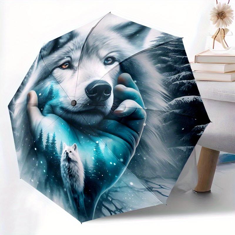 1pc Wolf amidst Snowy Forests Pattern Automatic, 8 Iron Frames, High-Value Folding Umbrella, Suitable for Office, Travel and Outdoor Adventure.C015