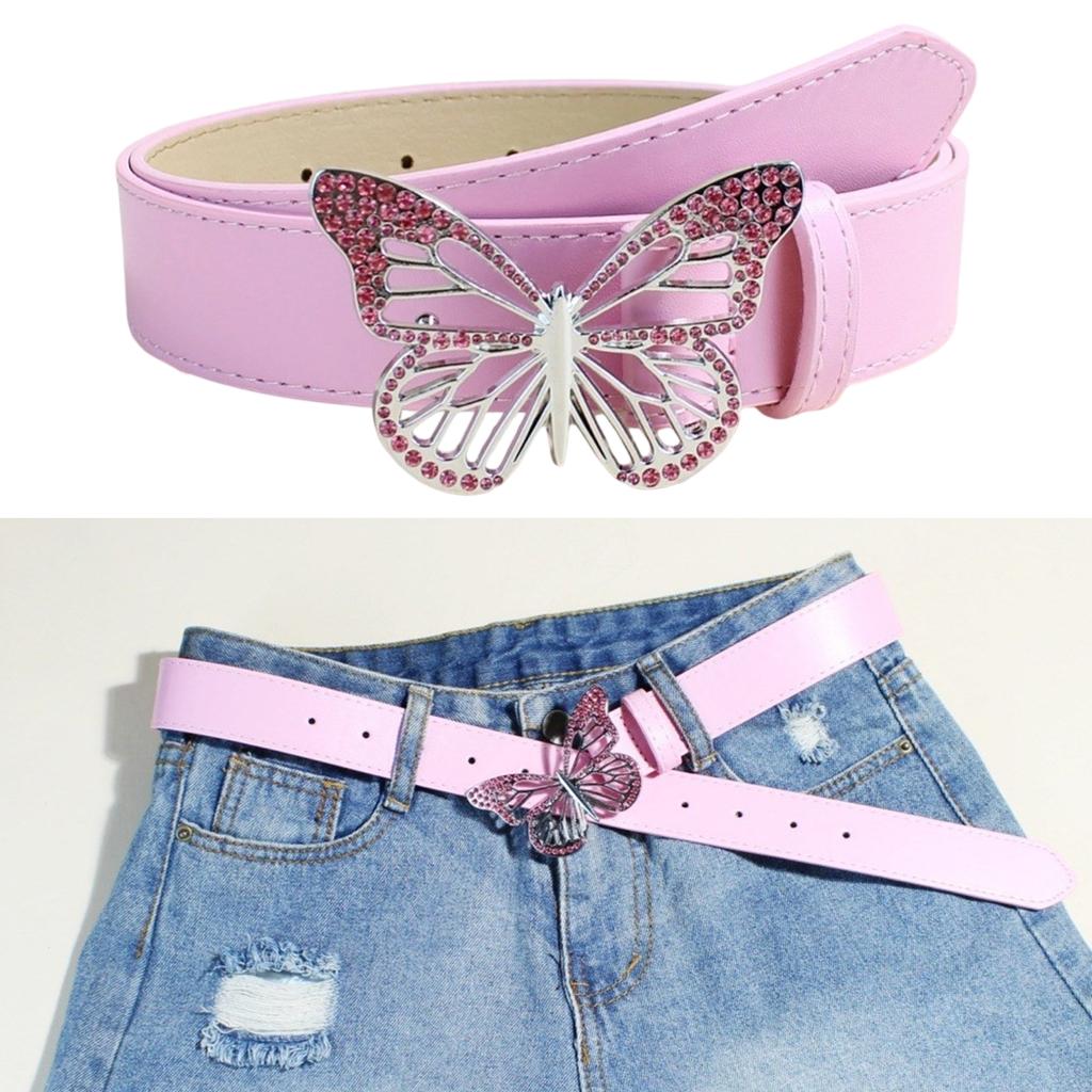 Elegant PU Leather Waist Belt Waist Ornament Decorative Sash Feature Rhinestone Butterfly Buckle for Fashion Women