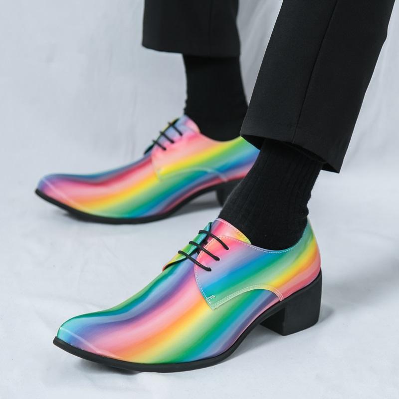 Britain Fashionable Men's Pointed Rainbow Pattern Lace Up Casual Dress Homecoming Shoes Male Formal Wedding Oxfords Footwear
