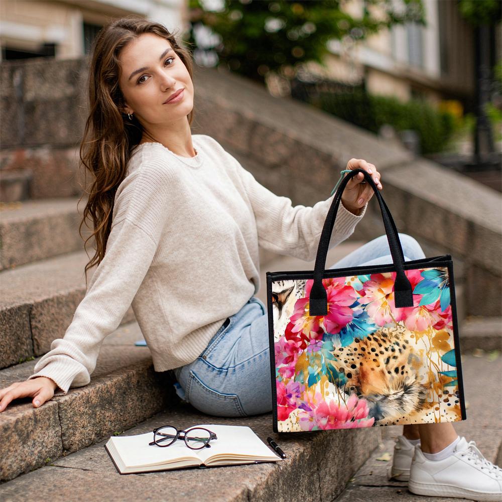 Floral Leopard Print Canvas Tote Bag
