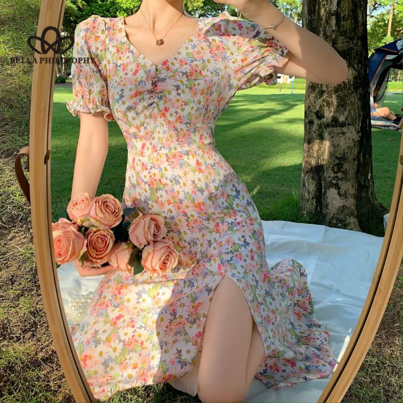 Французское элегантное платье, тонкое, летнее, с v-образным вырезом, повседневное, с короткими рукавами-фонариками, шикарное цельное платье с цветочным принтом в корейском стиле, шикарное.