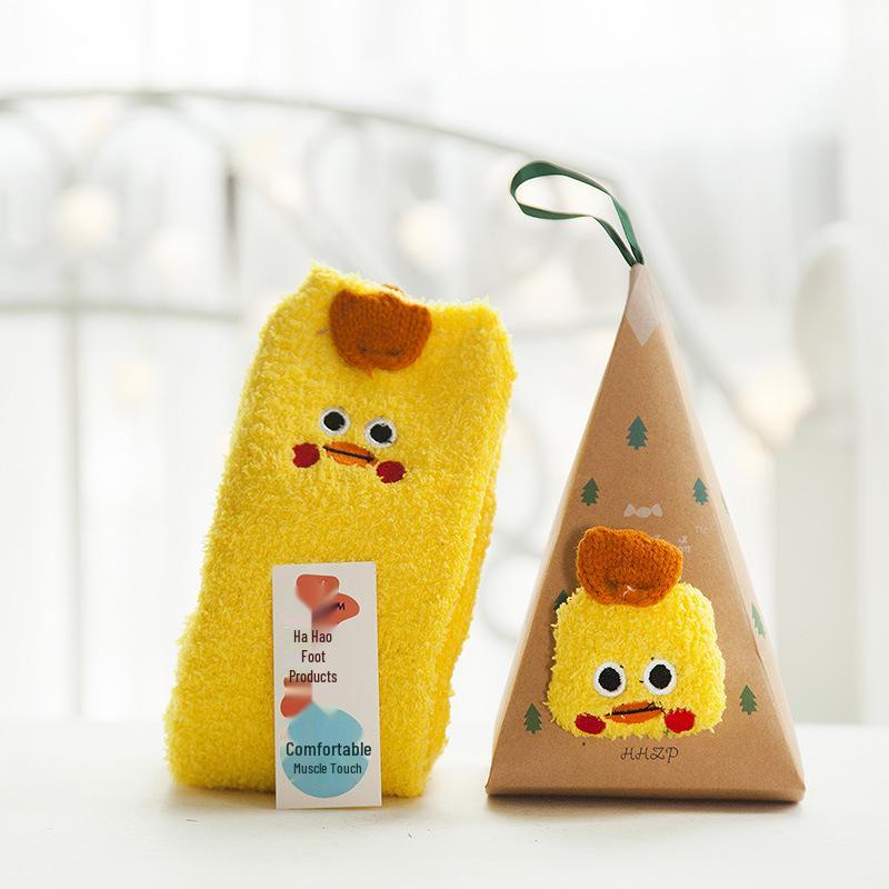 3D Cartoon Coral Fleece Christmas Socks for Adults & Kids, Half-Velvet with Acrylic Ball Design