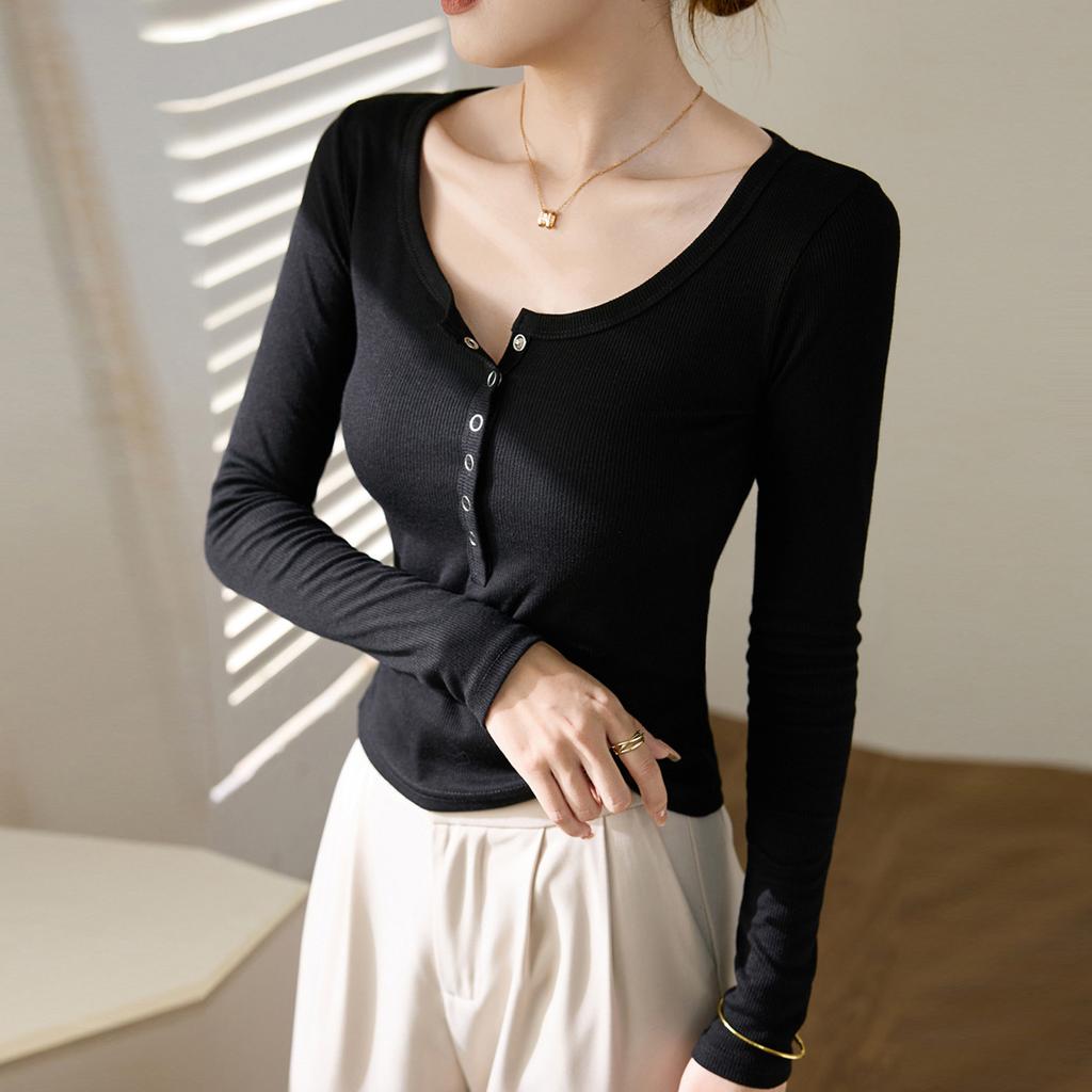 Button Base Shirt for Women In Autumn and Winter New T-shirt for Slim Outside and Long-sleeved T-shirt Round Neck Slim Body
