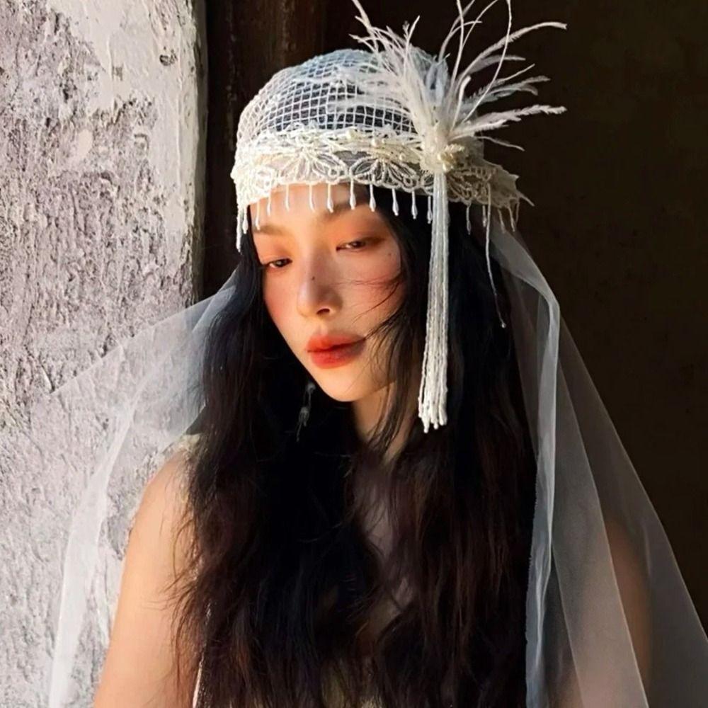 French Style Bride Lace Bow Long Headband Retro Embroidered Bride Wedding Headwear Wedding Veil