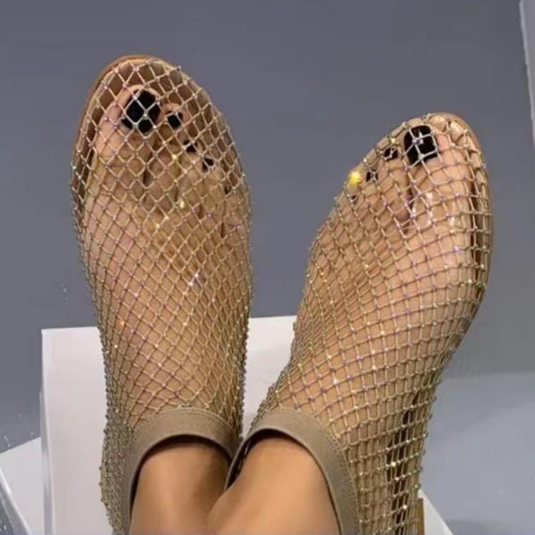2024 Summer New Round Toe Sandals with Hollowed Out Diamond Inlaid Short Boots Summer Sexy Oversized Flat Shoes