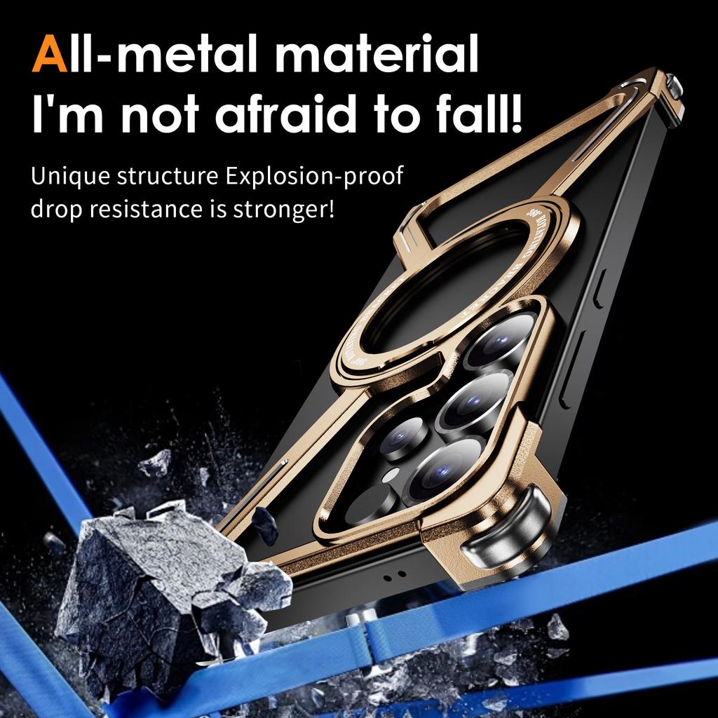 Frameless Case For iPhone 16 15 14 13 Pro Max Minimalist Phone Case Magnetic Kickstand Titanium Metal Frameless Protective Shockproof Case