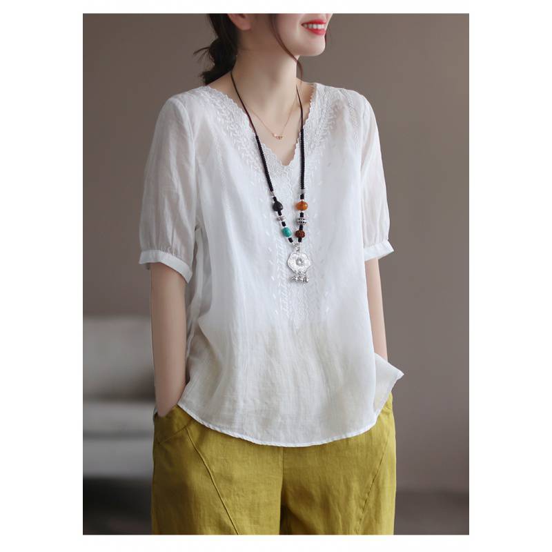 Летние женские свободные футболки с короткими рукавами и вышивкой в стиле ретро