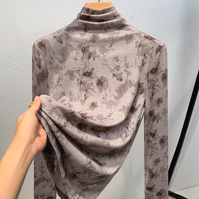 Женский осенне-зимний топ с высоким воротом и длинными рукавами с винтажным принтом, заправленными в талию