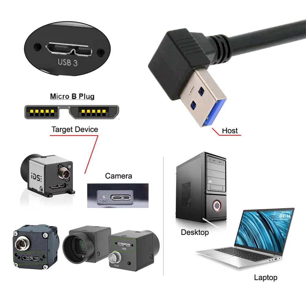 Xiwai 90-градусный USB A папа-хост к штекеру с фиксирующими винтами и передачей данных 5 Гбит/с для дисковых камер, угловой 3.0 Micro-B 3.0 панельный, кабель, 25 см,