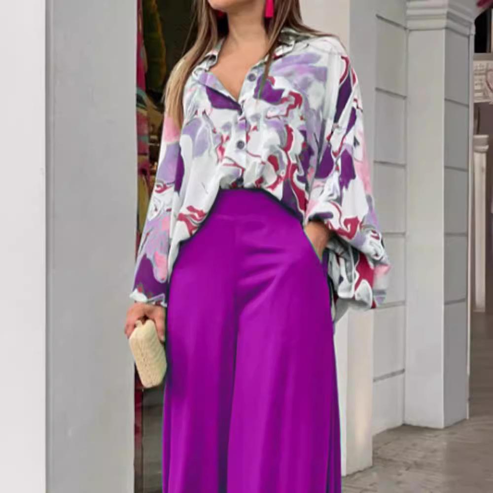 2024 Women's Plus Size Fashion: Lapel Shirt & High-Waist Wide-Leg Pants Set