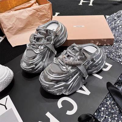 Платформенные кроссовки папы женские 2025 лето новые однопедальные сумка-голова полушлепанцы маленькие повседневные увеличивающие рост ленивые туфли