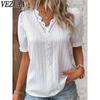 Women's Fashion Casual Summer Solid Color Print Hollow Short Sleeve V-Neck Blouses & Shirts