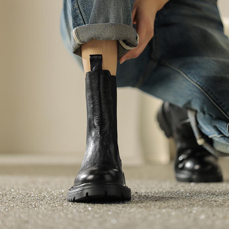 Krazing Pot Осенне-зимняя обувь из коровьей кожи с круглым носком на платформе, большие размеры, базовая одежда, ботинки челси без шнуровки на толстом среднем каблуке, женские ботильоны