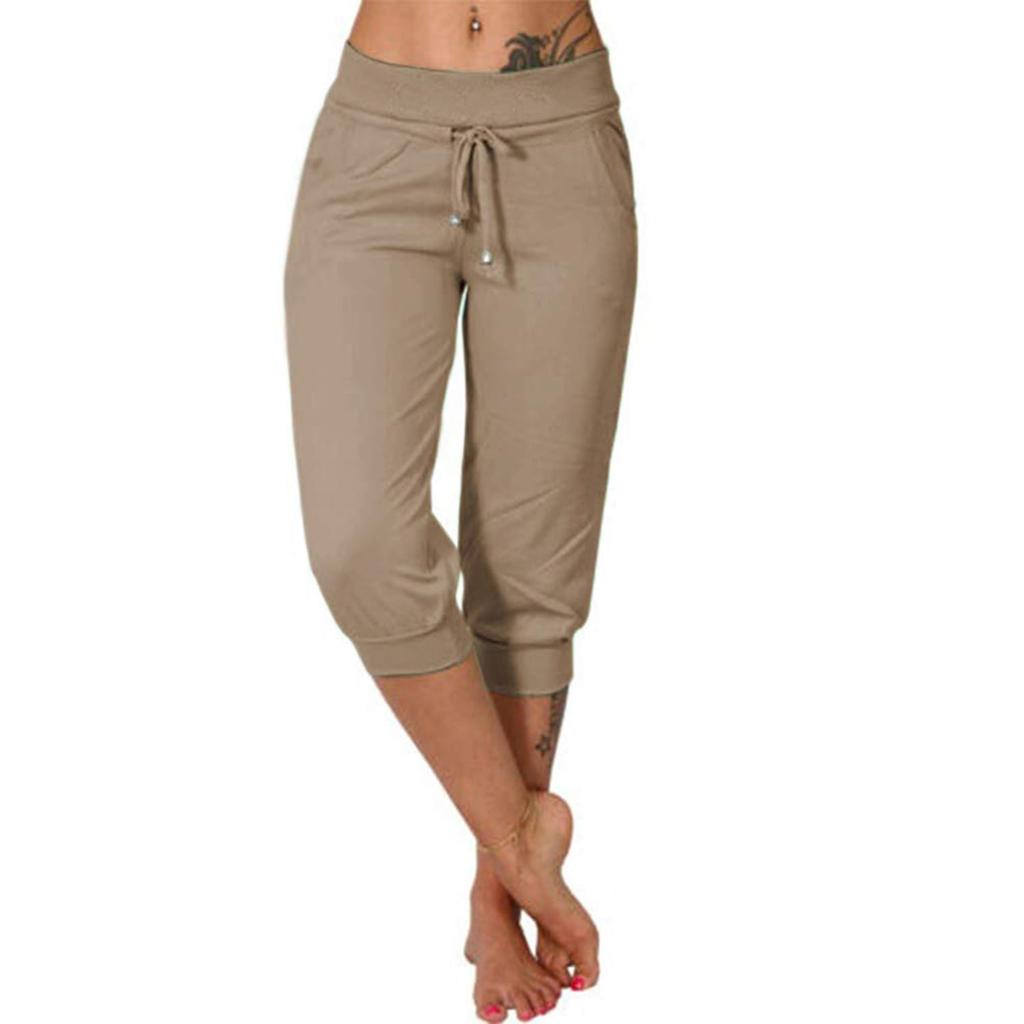 Женские модные повседневные однотонные укороченные брюки с эластичной резинкой на талии и шнурком