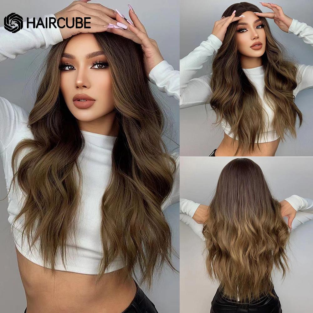 HAIRCUBE Белый Платиновый Смешанный Коричневый Синтетические Парики Длинные Волнистые Парики Из Натуральных Волос для Женщин Средняя Часть Ежедневные Термостойкие Парики