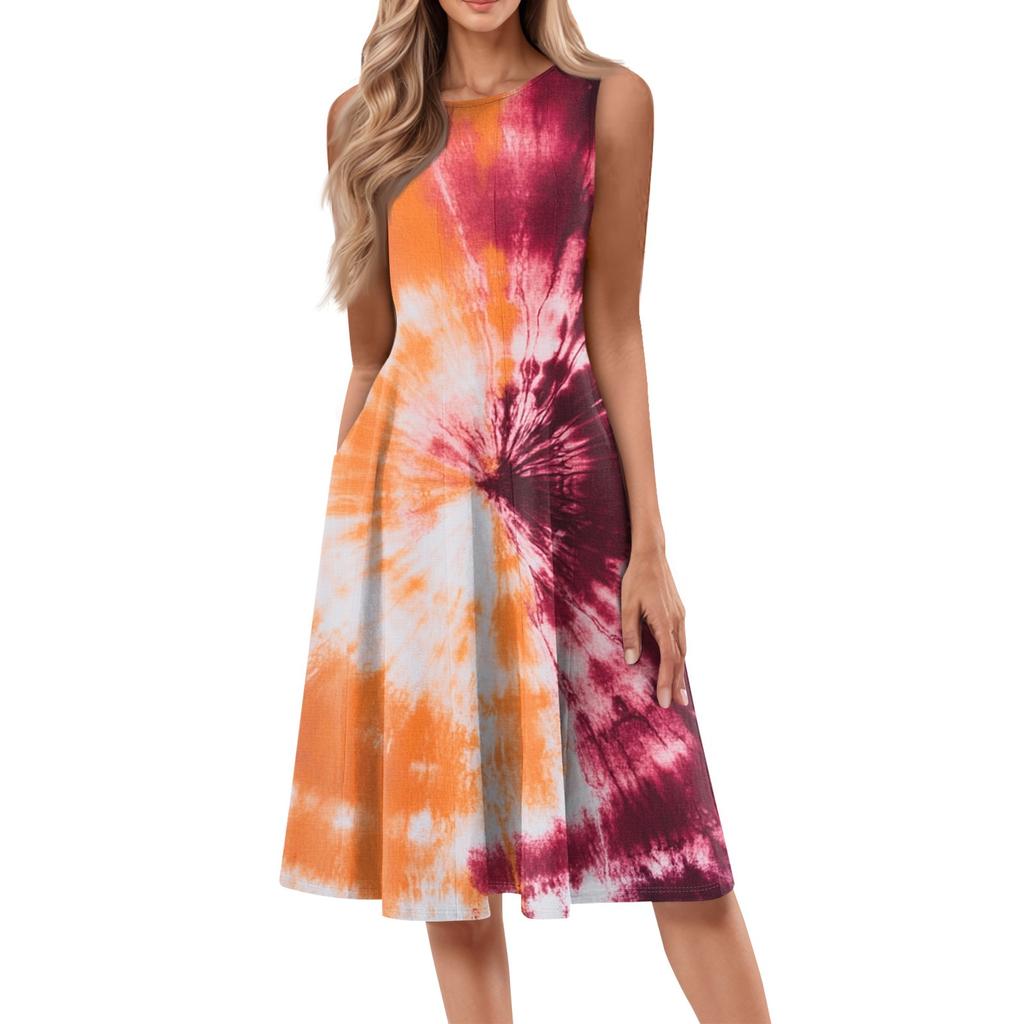 Women's Casual Fashion Tie-Dye Printed Round Neck Sleeveless Solid Color Midi Dress