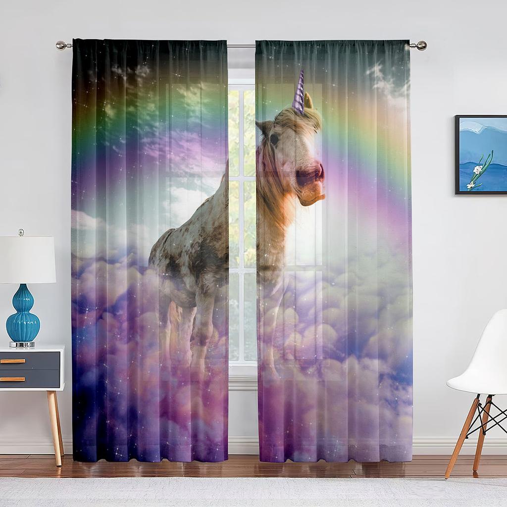 Фэнтези Фиолетовый Облако Единороги Тюлевые Шторы-Вуали Спальня Отель Домашний Декор Прозрачные Шторы для Гостиной Шифоновая Печатная Драпировка